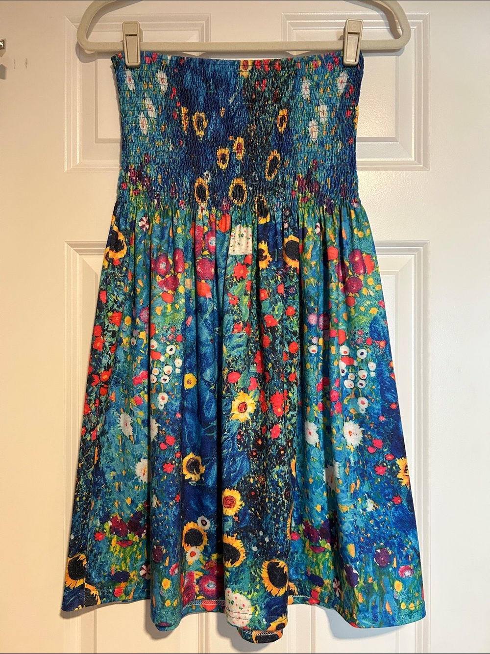 Blue Floral Sunflower Smocked Strapless Sundress Women's Size Medium